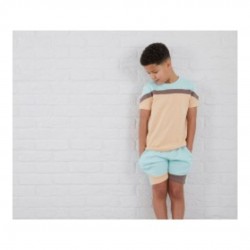 Colour Block T-Shirt & Shorts Set In Eggshell Blue/Sand