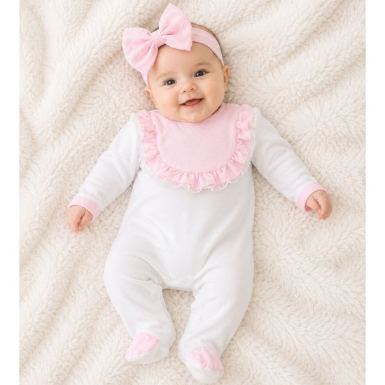 LS Pink cotton babygrow with bib