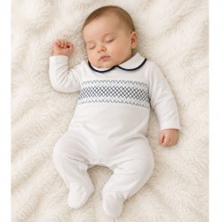 LS Boys cotton babygrow with navy embrodiery 