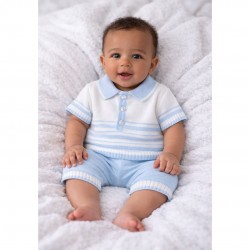Little Nosh Blue And White Striped Polo Shirt And Sorts Set