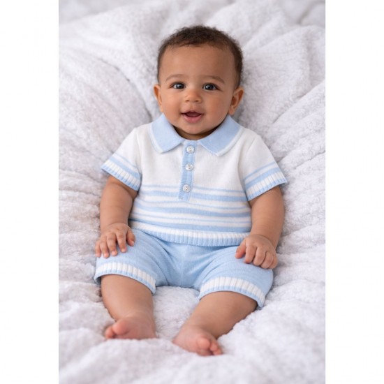 Little Nosh Blue And White Striped Polo Shirt And Sorts Set
