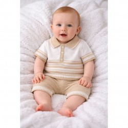 Little Nosh Tan And Cream Striped Polo Shirt And Sorts Set