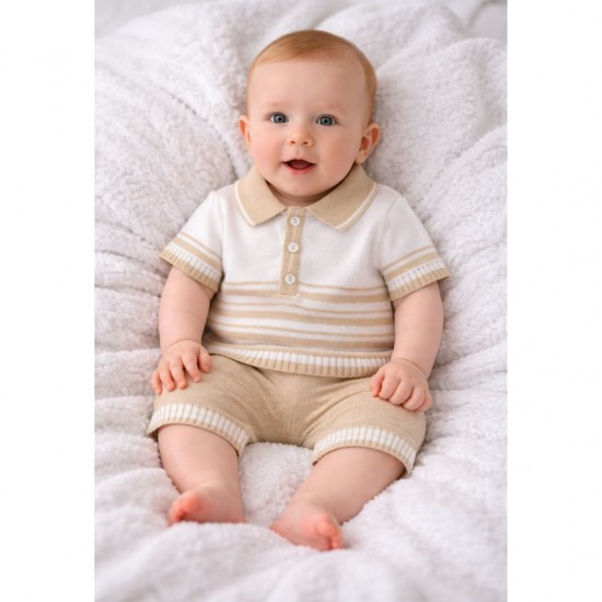 Little Nosh Tan And Cream Striped Polo Shirt And Sorts Set