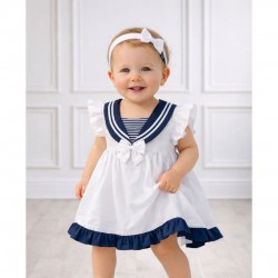 White and Navy Sailor Dress With Headband
