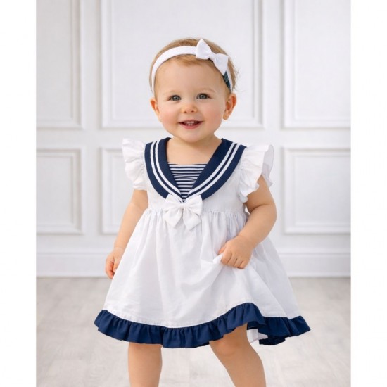 White and Navy Sailor Dress With Headband