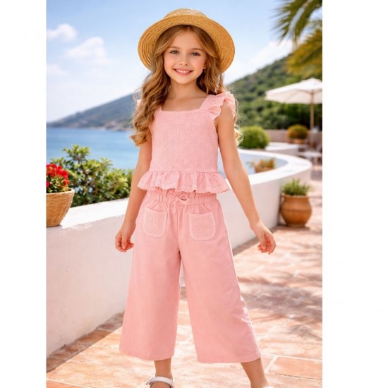 Pre Order Mayoral Pink Lace Patterned Top And Trouser Set