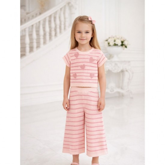 Pre Order Mayoral Pink Striped Crocheted Trouser Set 