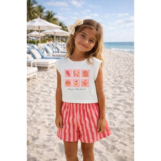 Pre Order Mayoral White Printed Top and Striped Shorts Set