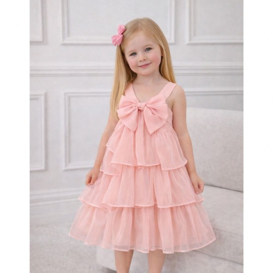 Mayoral Peach Layered Dress WIth Bow Detailing