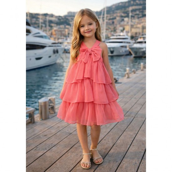 Mayoral Coral Layered Dress WIth Bow Detailing