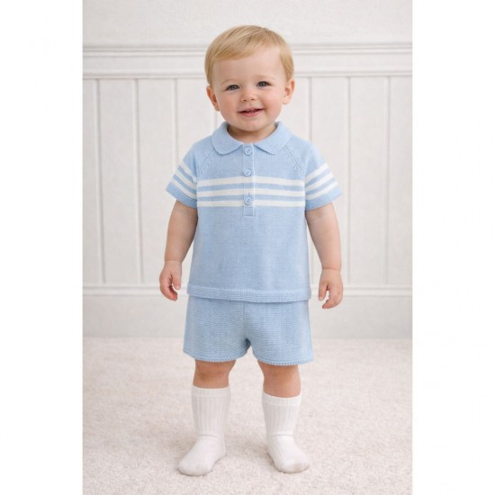 PEX Baby Blue Knitted Polo Shirt And Shorts Set