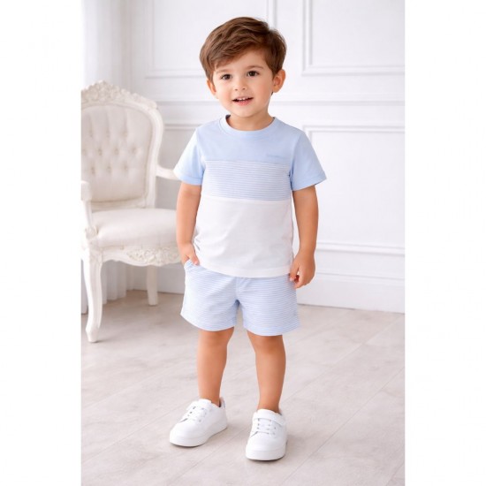Tutto Piccolo Blue And White Pannelled T Shirt And Striped Shorts