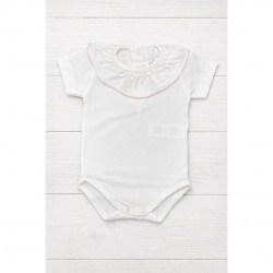 Calamaro White Short Sleeved Bodysuit with Pink Trim Collar