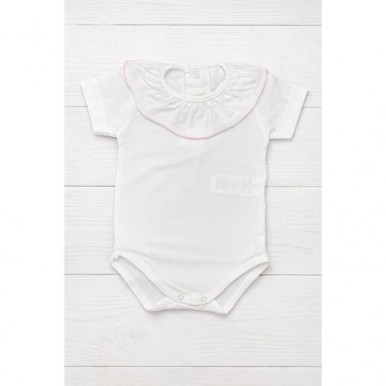 Calamaro White Short Sleeved Bodysuit with Pink Trim Collar