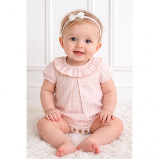 Calamaro Peach And White Striped Romper