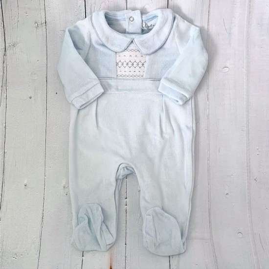 KC Blue Velour Babygrow with Smocked Detail