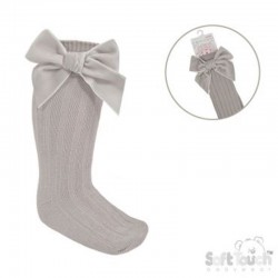 BEIGE RIBBED KNEE LENGTH SOCKS with LARGE VELVET BOW  BEIGE RIBBED KNEE LENGTH SOCKS with LARGE VELVET BOW