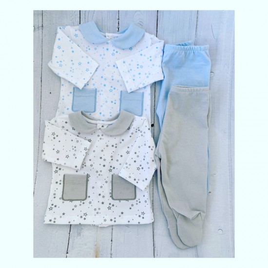 LS boy two piece cotton set. Blue and grey