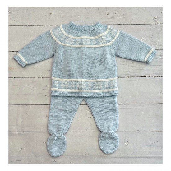Sardon baby blue knitted  2 piece trouser suit with white detail.