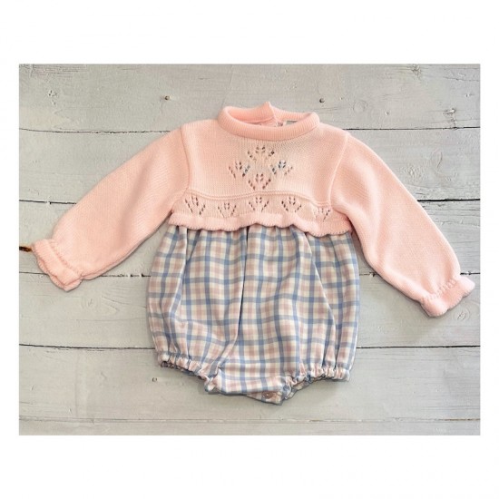 Sardon pink knit and candy check romper
