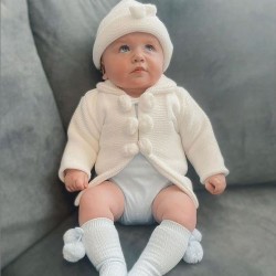 White Knitted Pom Pom Jacket & Hat