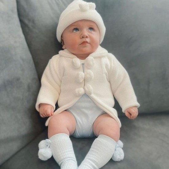 White Knitted Pom Pom Jacket & Hat