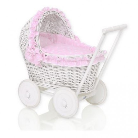 MSB White/Pink Spotty Wicker Dolls Pram 